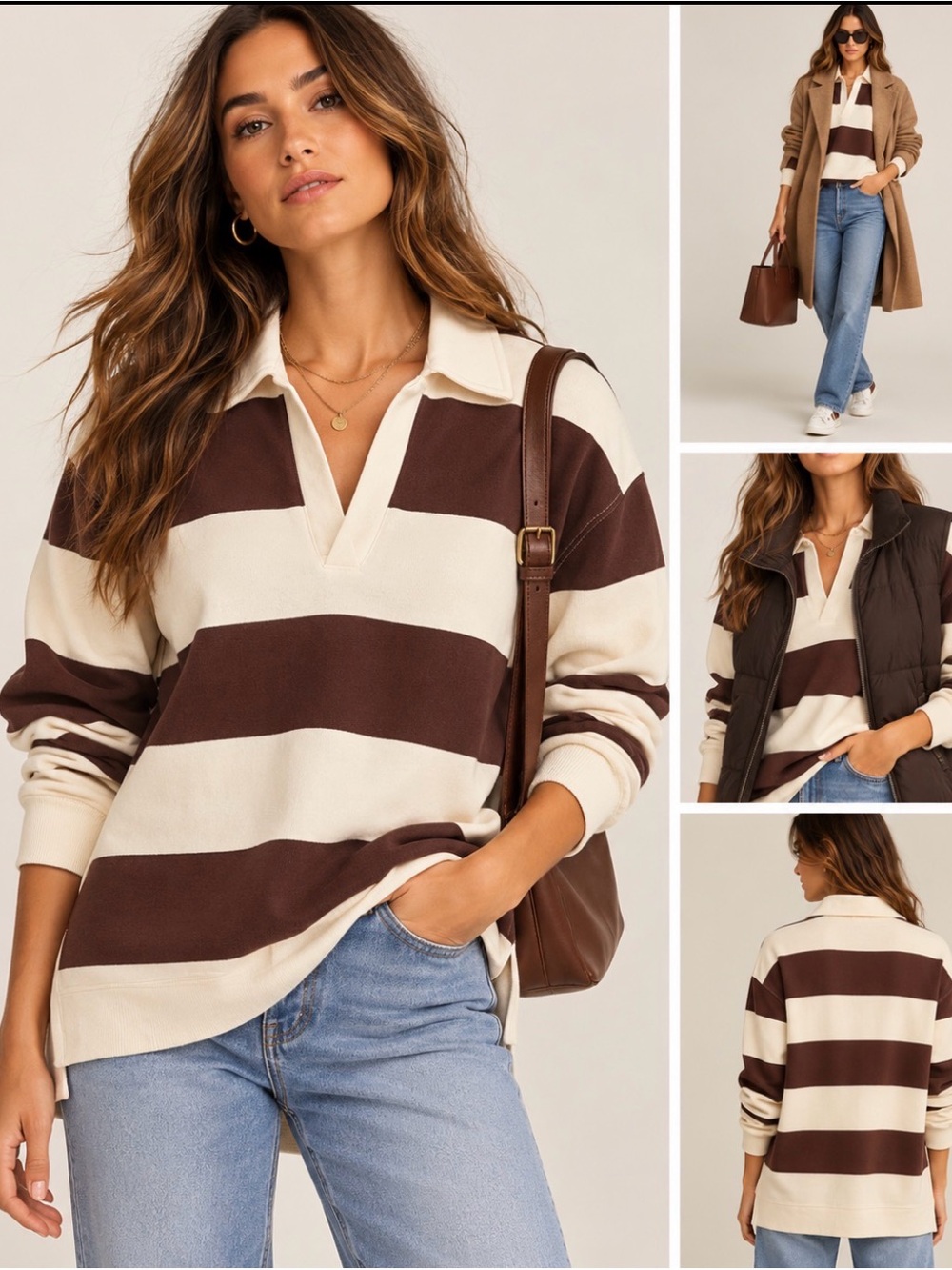 Z Supply Rugby Henley Brown Ivory Stripe Oversized Sweatshirt Small